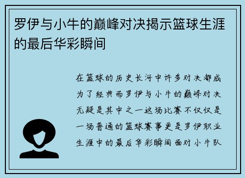 罗伊与小牛的巅峰对决揭示篮球生涯的最后华彩瞬间